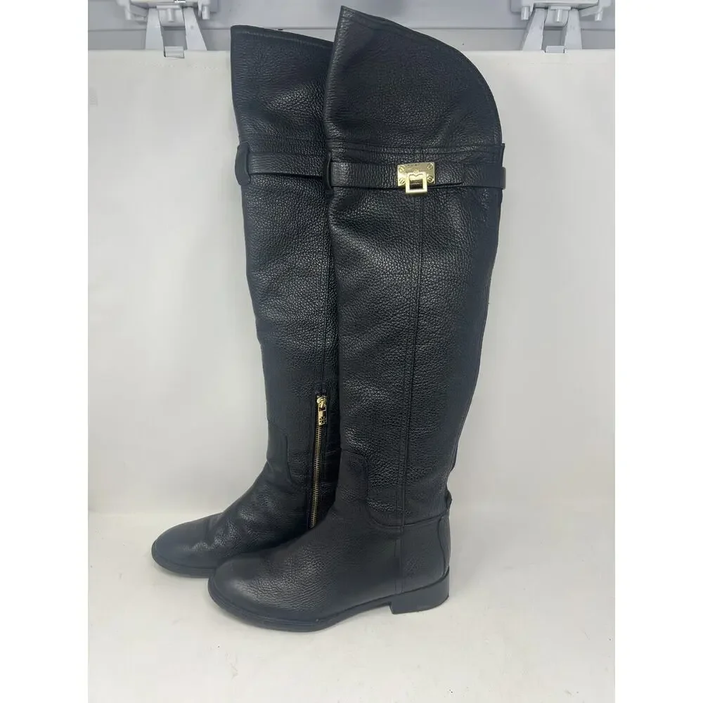 Tory Burch Boots Womens 8.5 M Elena Over The‎ Knee OTK Black Pebbled Leather Zip